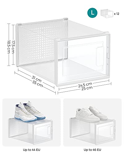 Shoe Boxes, Pack of 12 Stackable Shoe Storage Organisers, Foldable and Versatile for Sneakers, Fit up to UK Size 10, Transparent and White