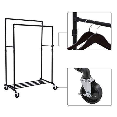 Industrial Pipe Clothes Rack on Wheels, Maximum load of 110 Kg, Double Hanging Rail, Heavy Duty Metal with Shelf, Commercial Grade, Black