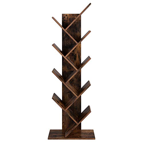 Tree Bookshelf, 8-Tier Floor Standing Bookcase, with Wooden Shelves for Living Room, Home Office, Rustic Brown