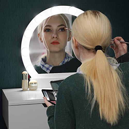 Makeup Vanity Set with 10 Light Bulbs and Touch Switch, Dressing Makeup Table Desk with Large Round Mirror, 2 Sliding Drawers, 1 Cushioned Stool, White U