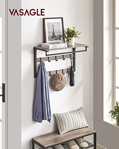 Wall Mounted Coat Rack with Shelf, Wall Shelf with 10 Removable Hooks, Hanging Shelf, Wall Mounted, 2 Coat Racks, Clothes Rail, for Hallway, Bedroom, Bathroom, Grey Black