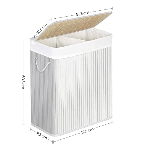 Divided Laundry Basket with Lid, Bamboo Laundry Hamper with 2 Sections, Removable Liners, Cotton Handles, 100L Storage Capacity, for Laundry Room, Bedroom, White