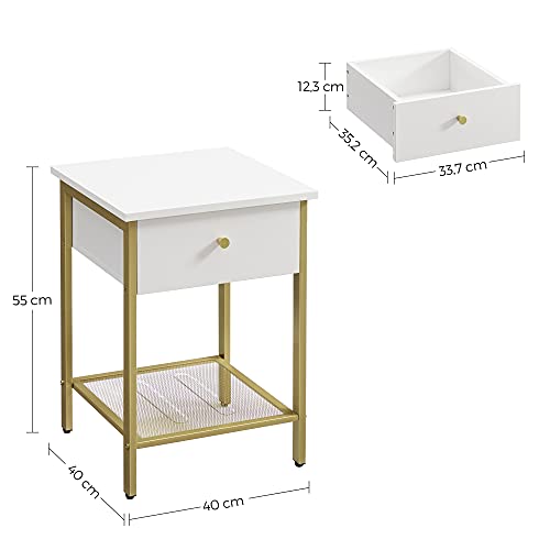 Bedside Table with Drawer and Mesh Shelf for Bedroom Living Room Modern White Gold