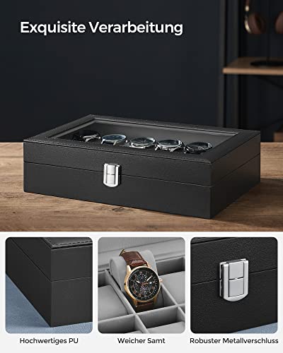 Watch Box with 12 Slots, Watch Case with Glass Lid, Watch Display Box with Removable Watch Pillows, Metal Clasp, Gift Idea, Black Synthetic Leather, Grey Lining