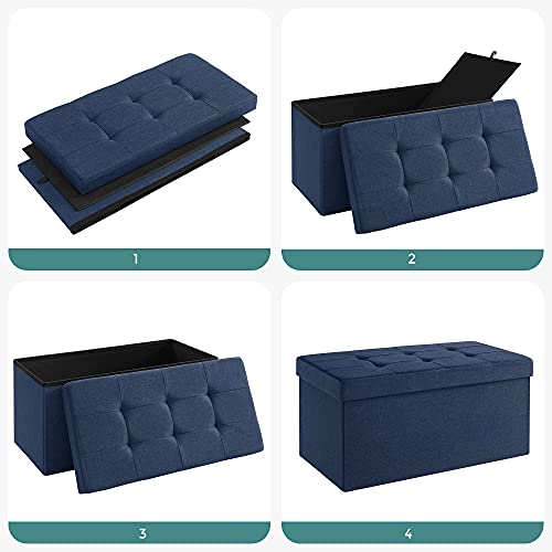 Storage Ottoman Bench, Chest with Lid, Foldable Seat, Bedroom, Hallway, Space-saving, 80L Capacity, Hold up to 300 kg, Padded, Dark Blue