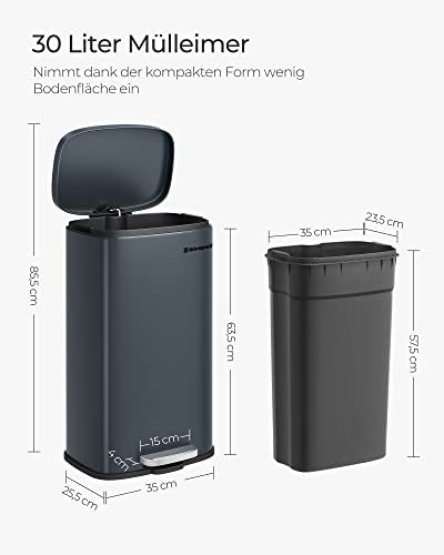 Kitchen Rubbish Bin, 30 L Pedal Bin with Plastic Inner Bucket, Lid, Soft Close, Odour Control, Smoky Grey