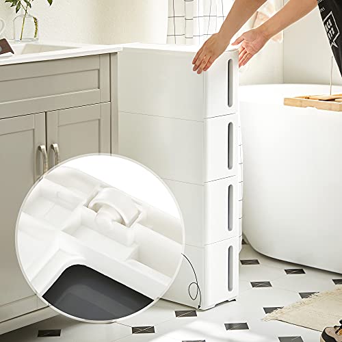 Plastic Storage Drawers, Narrow Storage Trolley on Wheels, 4-Drawer Storage Unit Tower for Bathroom Kitchen, Space-Saving, 45 x 17 x 83 cm, White and Grey