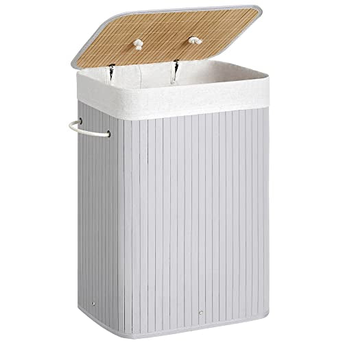 Rectangular Laundry Basket, Bamboo Laundry Basket with 3 Handles, 40 x 30 x 60 cm, Grey