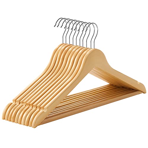 Wooden Hangers, Set of 10, Coat Hangers, Clothes Hangers, with Shoulder Notches, Anti-Slip Trousers Bar, 360° Swivel Hook, for Suits, Shirts, Coats, Natural