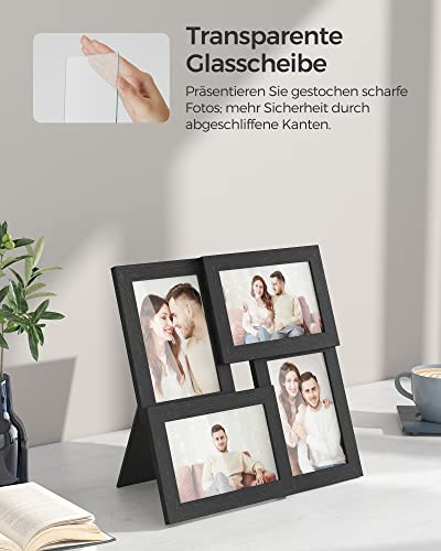 Picture Frames Collage for 4 photos, for 4" x 6" (10 x 15 cm), Wall Mounted Photo Gallery Display, Glass Front, Wood Grain, Black