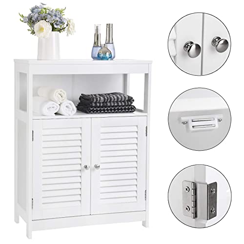 Wooden Bathroom Floor Cabinet Storage Organiser Rack, Kitchen Cupboard Free Standing, with Double Shutter Doors, White