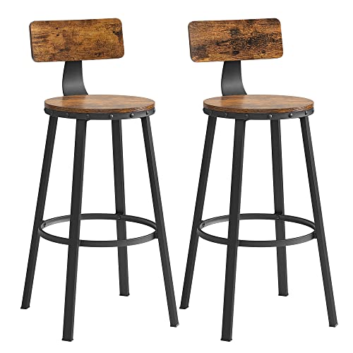 Bar Stools, Kitchen Stools, Set of 2 Tall Bar Chairs with Backrest, Steel Frame, 73 cm High Seat, Easy Assembly, Industrial, Rustic Brown and Black