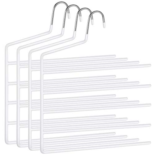 Trousers Hangers, 5-Bar Clothes Hangers, Set of 4, Space-Saving, Open-Ended, Non-Slip Trousers Organisers for Jeans Towels Scarves, White