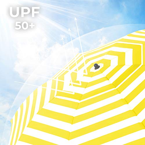 2 m Parasol, Beach Umbrella, Sun Protection with UPF 50+, Portable Octagonal Canopy, Tilt Mechanism, Air Vent, Carry Bag, for Beach, Gardens, Balcony, Pool, Yellow and White Stripes