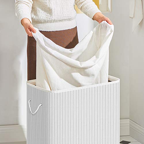 Laundry Basket with Lid, Laundry Hamper with Removable Liner Bag, Clothes Hamper with Clip and Handles, Foldable, 100L, for Laundry Room, Bedroom, White