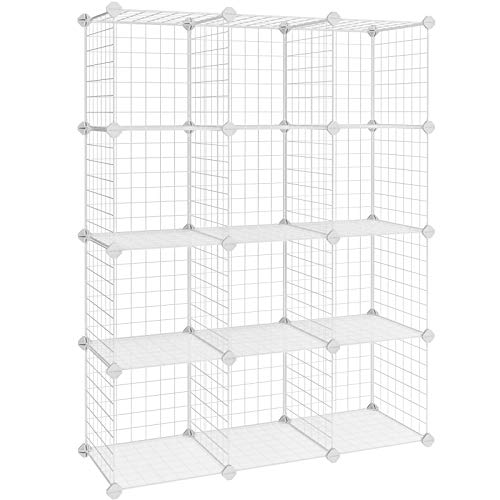 12 Cubes Wire Grid Storage Rack, Interlocking Shelving Unit with Metal Mesh Shelves and PP Plastic Sheets, for Books Shoes Toys Clothes Tools, in Living Room Bathroom, White