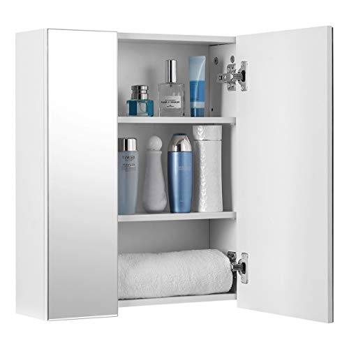 Bathroom Wall Cabinet, Cupboard with Mirror, 3-Door Storage Cabinet, 60 x 15 x 55 cm, with Adjustable Shelf, Modern, White