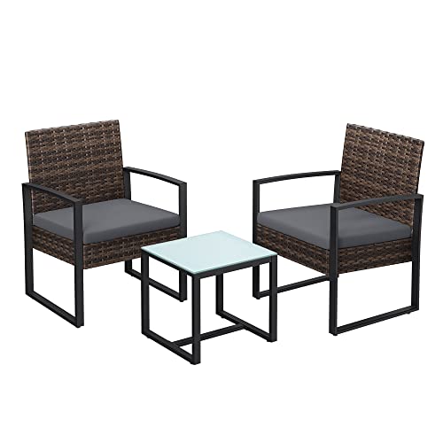 Songmics  Balcony Furniture Set, PE Polyrattan Lounge Set, Table and 2 Chairs, Patio Furniture, Easy Assembly, Outdoor, for Patio, Balcony, Garden, Black/Grey