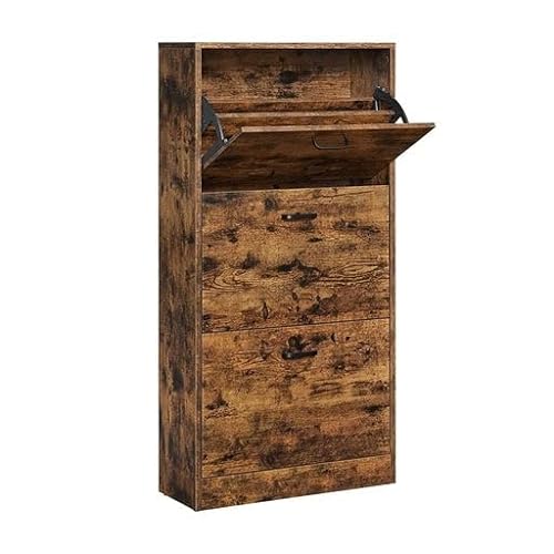 Shoe Cabinet With 3 Flip Doors, 3-Tier Wooden Storage Cupboard, Perfect for Narrow Entrance, Hallway, Living Room, Bedroom, 60 x 24 x 120 cm (L x W x H), Rustic Brown