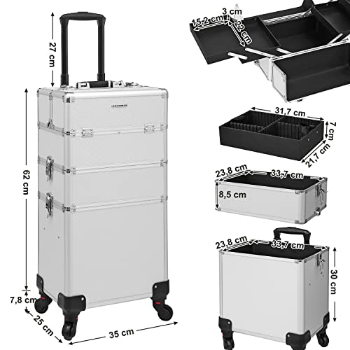 Professional Makeup Case, 3-in-1 Travelling Beauty Trolley, Large Cosmetic Trolley for Hairdressers, Lockable Rolling Makeup Case with 360-Degree Universal Casters, Silver