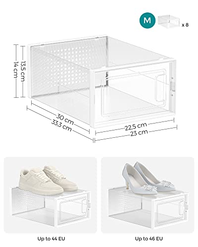 Shoe Boxes, Pack of 8 Stackable Shoe Storage Organisers, Foldable and Versatile for Sneakers, Fit up to UK Size 10.5, Transparent and White