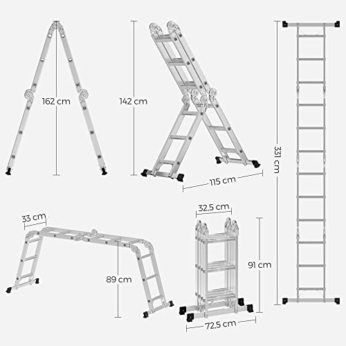 3.5 m Ladder, Multi-Purpose Aluminium Ladder with 2 Metal Plates and 12 Steps, Articulated, Holds up to 150 kg, Silver