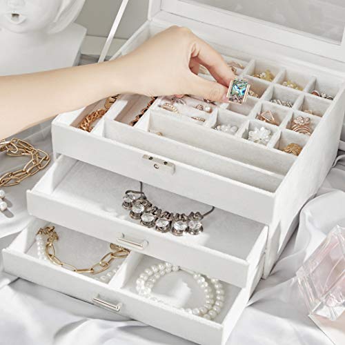 Jewellery Box, 3-Tier Velvet Jewellery Display Case and Organiser with Clear Glass Lid, Varying Compartments for Necklaces, Bracelets, Rings, Lock and Key, White