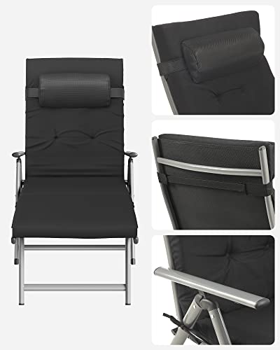 Foldable Sun Lounger, Sunbed with 6 cm Mattress, Removable Headrest, Rustproof Aluminium, Breathable, Comfortable, Reclinable, Max. Load Capacity 150 kg, Black