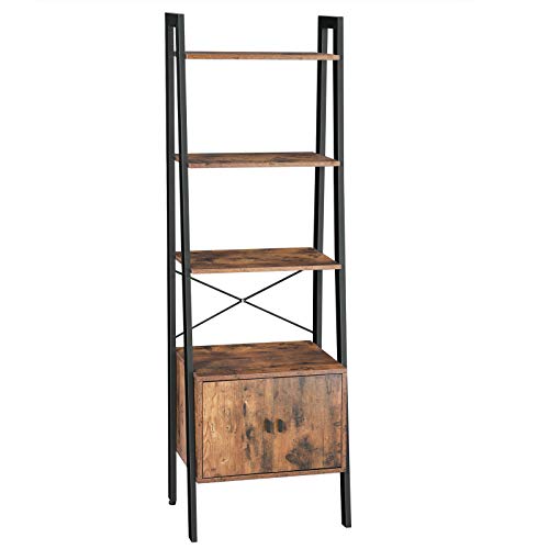 Ladder Shelf, Bookshelf with Cupboard, Living Room Shelf, 4 Shelves, Stable Iron Frame, Bedroom, Office, 56 x 34 x 173 cm, Industrial Design, Rustic Brown