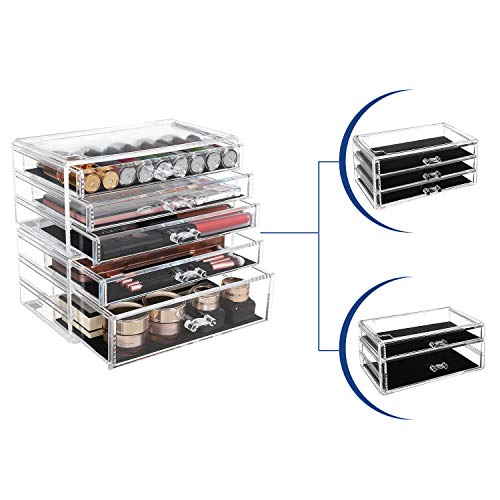 Makeup Organiser, 2-Piece Storage Boxes for Jewellery and Cosmetics, Stackable, with 5 Drawers, Transparent Polystyrene