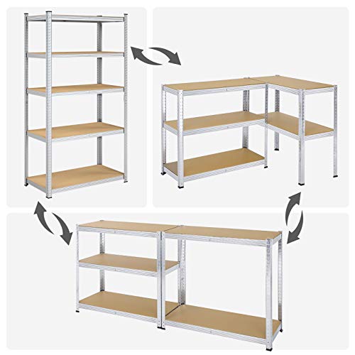 5-Tier Shelving Units, Set of 2 Steel Shelving Units for Storage, Tool-Free Assembly, for Garage, Shed, Load Capacity 600 kg, 50 x 100 x 200 cm, Silver