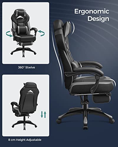 Gaming Chair, Office Racing Chair with Footrest, Ergonomic Design, Adjustable Headrest, Lumbar Support, 150 kg Weight Capacity, Black and Grey