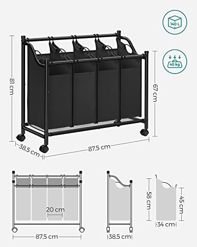 Rolling Laundry Sorter, Laundry Basket with 4 Removable Bags, Laundry Hamper, Laundry Trolley, for Laundry Room, Bedroom, Bathroom, 4 x 35L, Black