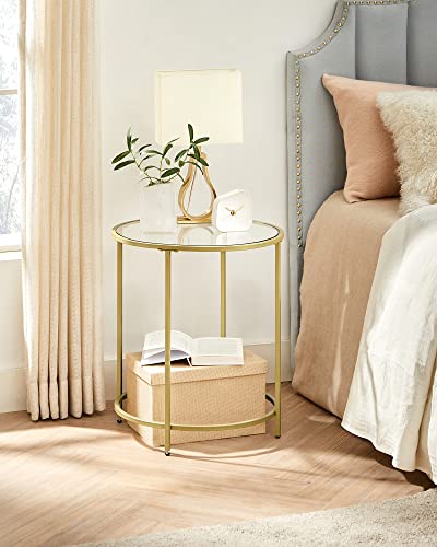 Round Side Table, Tempered Glass End Table With Golden Metal Frame, Small Coffee Table, Bedside Table, Living Room, Balcony, Robust and Stable, Decorative, Gold