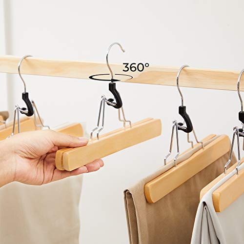 12 Pcs Wooden Trouser Hangers Non-Slip Chrome Hook 360 Degree Rotating Natural