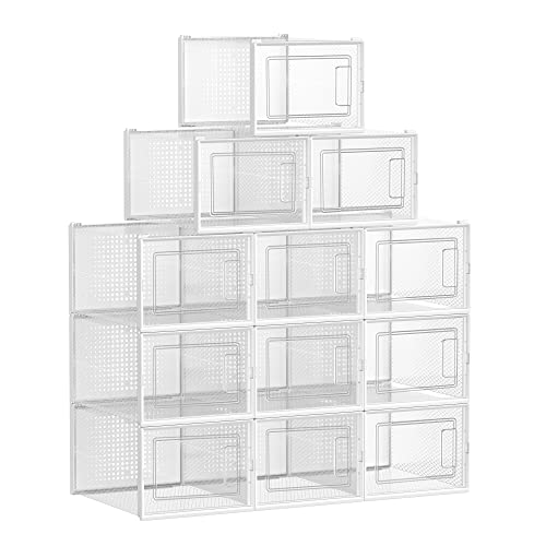 Shoe Boxes, Pack of 12 Stackable Shoe Storage Organisers, Foldable and Versatile for Sneakers, Fit up to UK Size 10, Transparent and White