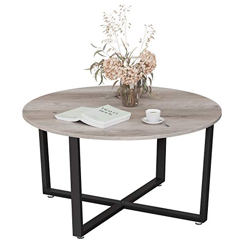 Round Coffee Table, Industrial Style Cocktail Table, Durable Metal Frame, Easy To Assemble, for Living Room, Bedroom, Greige and Black