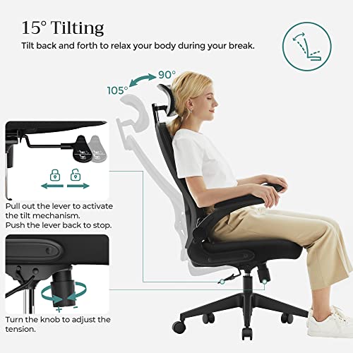 Office Chair, Computer Chair, Ergonomic Chair, Adjustable Armrests and Headrest, Rocker Function, Breathable Mesh, Height-Adjustable, Black