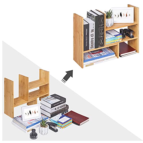 Desktop Organiser, 3 Adaptable Modules, Space-Saving DIY Tabletop Rack, Small Bookcase Decorations for Office Kitchen Bathroom, Natural Bamboo