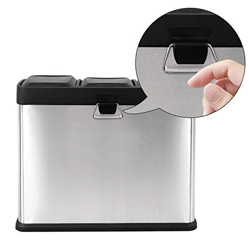 Recycling Bin, Pedal Bin, 45-Litre Metal Rubbish Bin, Waste Separation System Dustbin for Kitchen, Durable, 3 x 15 Litres, Stainless Steel, Silver and Black