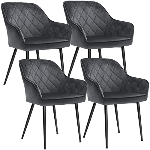 Set of 4 Upholstered Chairs with Armrests Seat Width 49 cm Metal Legs Velvet Cover Holds up to 110 kg for Study Living Room Bedroom Grey