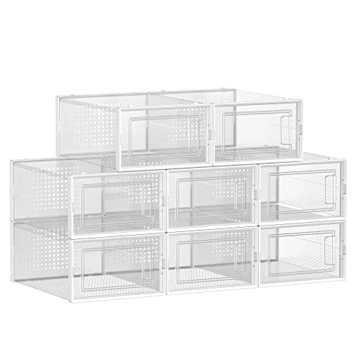 Shoe Boxes, Pack of 8 Stackable Shoe Storage Organisers, Foldable and Versatile for Sneakers, Fit up to UK Size 10.5, Transparent and White