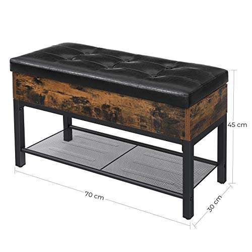 Shoe Storage Bench, Padded Bench, Bedroom Stool with Shelf, Hall, Living Room, Steel Frame, Easy Assembly, Synthetic Leather, Industrial Style, Rustic Brown and Black