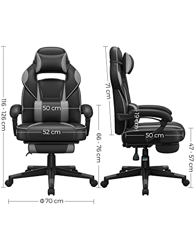 Gaming Chair Desk Chair with Footrest, Office Chair with Headrest and Lumbar Cushion, Height-Adjustable, Ergonomic, 90-135° Tilt Angle, Load 150 kg Black + grey