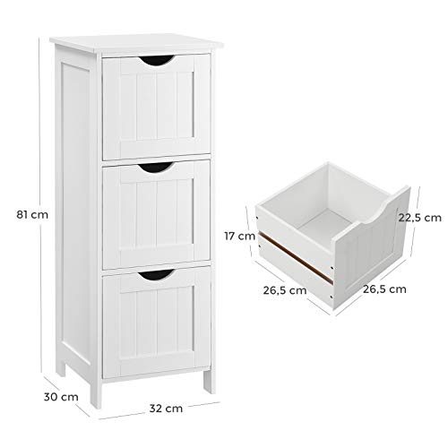 Bathroom Floor Storage Cabinet, Slim Storage Unit 3 Drawers, 32 x 30 x 81 cm, for Bathroom, Living Room, Bedroom, Kitchen, Nordic Scandinavian Style, Matte White