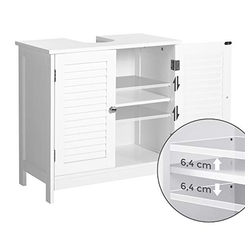 Bathroom Under Sink Cabinet, Floor Cabinet Double Door, 60 x 30 x 60 cm, Storage Unit, Cupboard with 2 Louvered Doors, Adjustable Shelf, Handles, Scandinavian Nordic Style, Matte White