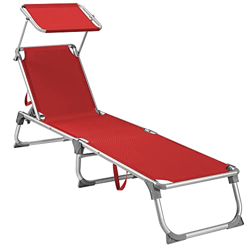 Sun Lounger, Sunbed, Reclining Sun Chair with Sunshade, Adjustable Backrest, Foldable, Lightweight, 55 x 193 x 31 cm, Load Capacity 150 kg, for Garden, Patio, Red