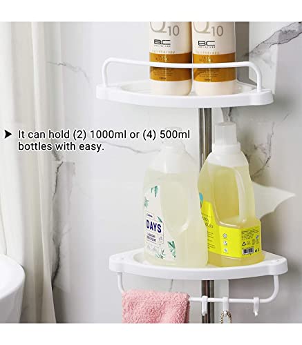 Adjustable Bathroom Corner Shelf, Telescopic Shower Caddy, 95-300 cm, Floor to Ceiling, with Stainless Steel Frame, 4 Trays, 3 Hooks, 1 Towel Bar, White and Silver