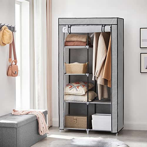 Fabric Wardrobe, Clothes Storage Organiser, 6 Shelves, 2 Hanging Rails, Non-Woven Fabric, Metal Frame, 88 x 45 x 168 cm, for Bedroom, Dressing Room, with Herringbone Pattern, Grey