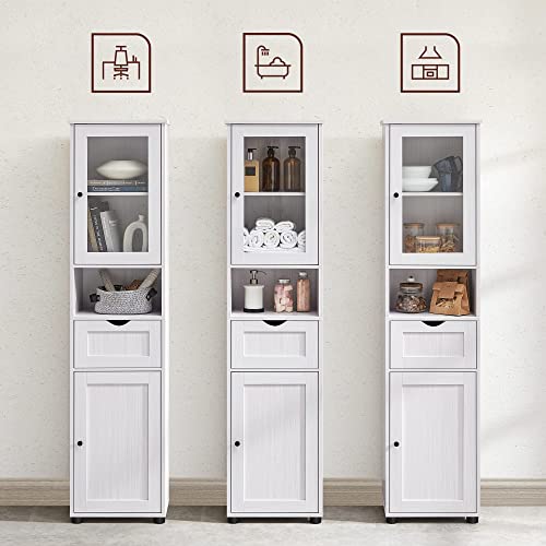 Bathroom Cabinet, Column Storage Unit with Adjustable Shelves, Door Cupboards, Drawers, Space-Saving, Wood White